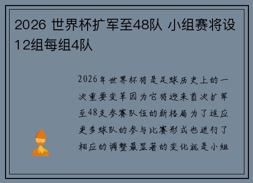 2026 世界杯扩军至48队 小组赛将设12组每组4队
