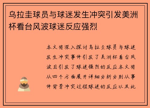 乌拉圭球员与球迷发生冲突引发美洲杯看台风波球迷反应强烈